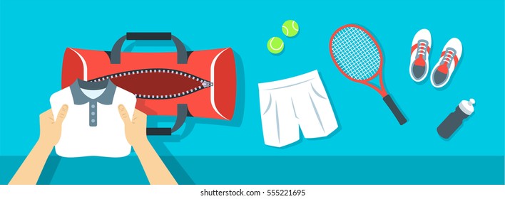 Fitness Flat Vector Background. Man Puts Tennis Stuff For Training Into Sport Bag. Top View Horizontal Banner. Polo Shirt, Shorts, Sneakers, Tennis Racket And Balls. Healthy Lifestyle Concept.