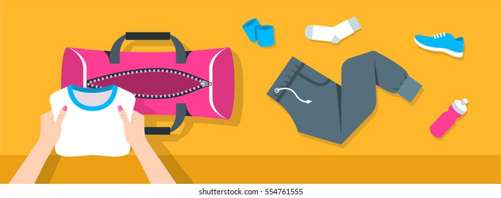 Fitness flat vector background. Woman puts stuff for gym physical training into sport bag. Top view horizontal banner. Workout clothes and shoes, water bottle. Healthy lifestyle concept. Simple design