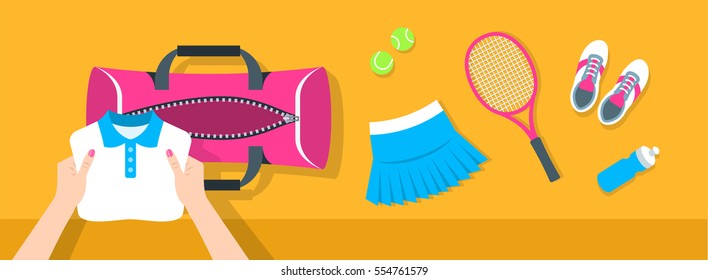 Fitness flat vector background. Woman puts tennis stuff for training into sport bag. Top view horizontal banner. Polo shirt, skirt, sneakers, tennis racket and balls. Healthy lifestyle concept.