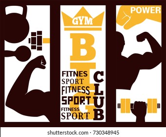 Fitness flayer brochure layout card design gym sport club strong equipment silhouette vector illustration.