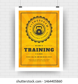 Fitness flyer layout template design for sport event, tournament or championship poster vintage typography cover vector illustration with kettlebell symbol silhouette.