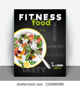 Fitness Food, cook book or recipe book for nutritious food and healthy lifestyle, Book cover design. 