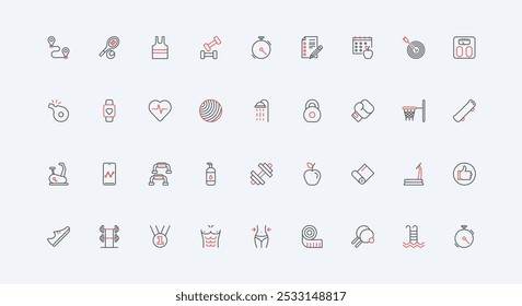 Fitness and food for healthy lifestyle line icon set. Mobile app for workout control, exercises in gym for training muscle, sport game and diet thin black and red outline symbols vector illustration