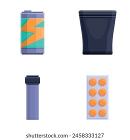 Fitness food icons set cartoon vector. Sport nutrition and energy drink. Healthy lifestyle concept