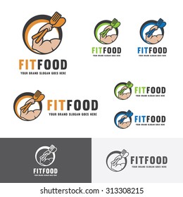 Fitness Food. Nutrition for body builder. Muscle builder food. Fork and Spoon logo.  Health and wellness food identity