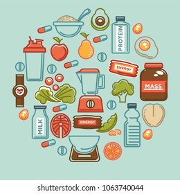Fitness food poster of sports healthy diet food nutrition icons.