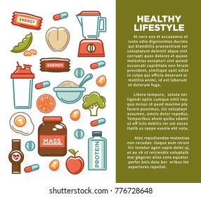 Fitness food poster of sports healthy diet food nutrition icons.