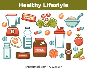 Fitness food poster of sports healthy diet food nutrition icons.
