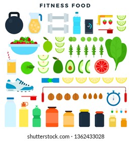 Fitness food and sport equipment for keeping fit, set of icons. Healthy eating and fitness lifestyle. Organic dietary products for weight loss. Sports nutrition. Balanced diet. Vector illustration.