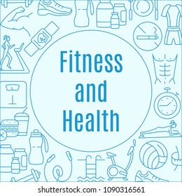Fitness frame with circle of waist loss training healthy food and lifestyle symbols vector illustration. Round design template for print media infographics. Outline icons Isolated on background