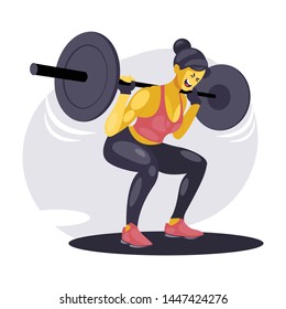 Fitness freak athlete girl doing weight lifting in gym. healthy lifestyle gymnastic conceptual vector illustration isolated on white background