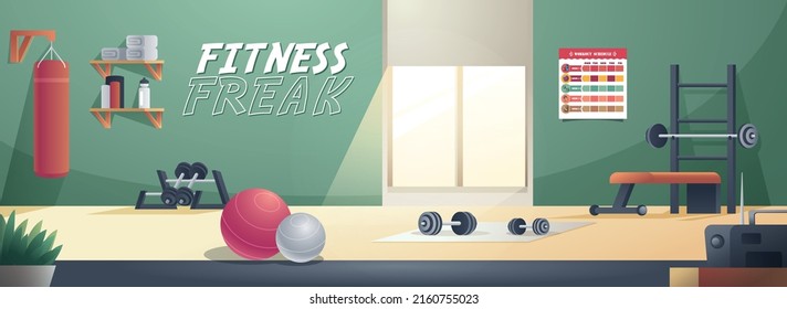 "Fitness Freak" illustration design including gym dumbbells, yoga mat, and much more.