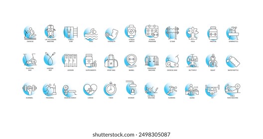 Fitness Gear and Exercise Equipment Icons: Fitness Watch, Fitness Program, Cable Row Machine, Crossover Machine, EZ Bar, Elliptical Bike, Jumping Rope and more with editable stroke.