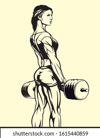 fitness girl with barbell, vector image 