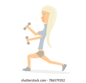 Fitness girl. Blonde with dumbbells goes in for sports. Cartoon character. Isolated on white background.