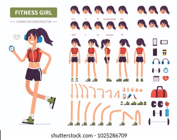 Fitness girl character constructor for animation. Front, side and back view. Flat cartoon style vector illustration isolated on white background. Fitness girl character constructor for animation. Front, side and back view. Flat cartoon style vector illustration isolated on white background.