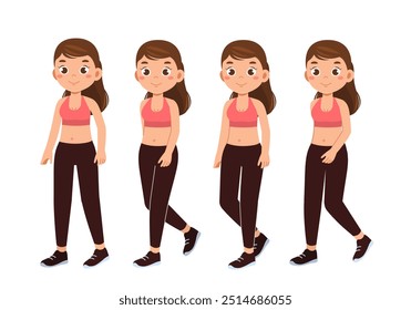 Fitness girl constructor. Woman in sportive uniform. Kit for creating cartoon. Pack of character in various angles. Cardio training and workout. Flat vector collection isolated on white background