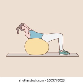 Fitness girl doing abs with elastic ball .Hand drawn style vector design illustrations.