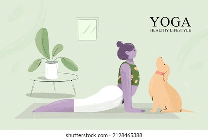 Fitness girl doing cobra pose yoga with pet dog at home. Home workout or yoga healthy lifestyle concept.