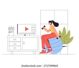 Fitness girl doing sport exercises with exercise ball at home. The concept of fitness at home and a healthy lifestyle. Vector illustration in a flat style on the background of a living, cozy room.