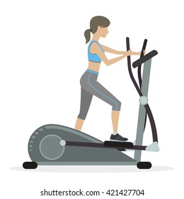 Fitness girl with elliptical cross trainer, cardio machine. Vector.