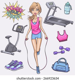 Fitness girl and gum and fitness doodles