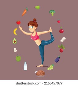 
Fitness Girl Having the Proper Nutrition Diet Vector Cartoon Illustration. Sportive athletic lady getting best training results with balanced nutritional intake
