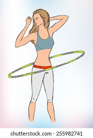fitness girl with a hula hoop - hand-drawn illustration