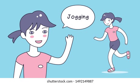Fitness girl jogging, young woman running, workout training outdoor cartoon vector illustration.