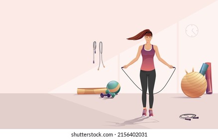 Fitness girl jumping rope sport gym. Slim, fit female jumps activity. Athletic brunette young woman jump. Active sports training, workout, exercise equipment. Healthy lifestyle. Vector illustration