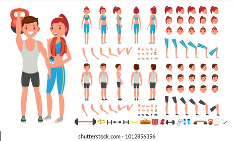 Fitness Girl, Man Vector. Animated Sport Male, Female Character Creation Set. Full Length, Front, Side, Back View, Accessories, Poses, Face Emotions, Gestures. Isolated Flat Cartoon Illustration