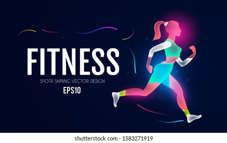 Fitness girl. Sport and ads logo shining design. Trendy character.