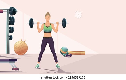 Fitness Girl Squat Barbell Shoulders Gym. Slim, Fit Female Weightlifter Training. Sports Activity, Exercise Equipment. Athletic Young Woman Lifting, Raise Weight, Strength Workout. Vector Illustration