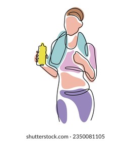 Fitness girl standing with bottle of water continuous line colourful vector illustration