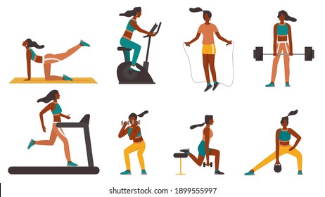 Fitness girl at training with sport equipment vector illustration set. Cartoon sportive woman character in sportswear doing healthy exercises, treadmill jogging, bodybuilding isolated on white