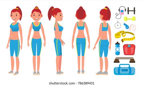 Fitness Girl Vector. Different Poses. Doing Fitness Exercises. Lunges, Squats, Plank. Woman Fitness Flat Cartoon Illustration