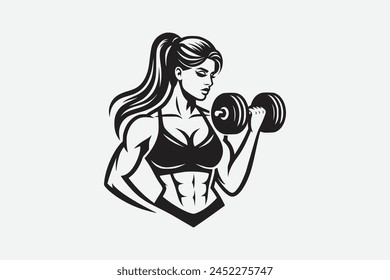 Fitness girl vector silhouette logo with girl lifting a dumbbell, muscle girl