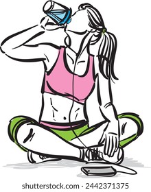 chica de fitness mujer mujer botella de agua y escuchar música celular ilustración vectorial