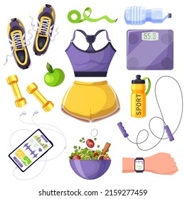 Equipo de entrenamiento para mujeres, gimnasia femenina. Camisetas aisladas, ropa deportiva, pesas, cuerda saltadora, zapatillas de deporte, agua mineral, botella deportiva, reloj, smartphone, metro, manzana, ensalada. Ilustración del vector