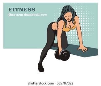 fitness girl working out, dumbbell row, vector illustration