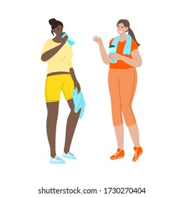 Fitness girls drinking water from the bottle after sport exercises. Vector illustration in cartoon style.