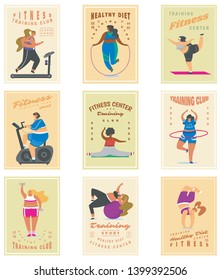 Fitness girls Plus Size for banners, posters, backgrounds. Health sport in club. Set of badges. Fat Woman doing exercises, loses weight, warming up. Cute female for emblems