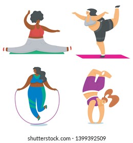Fitness girls Plus Size. Health sport in club. Set of Fat Woman doing exercises, loses weight 