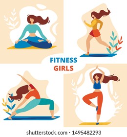 Fitness Girls Set, Sportswomen Meditating and Exercising in Different Poses, Engage Outdoor Aerobics, Healthy Sport Lifestyle, Pilates Workout, Training Yoga Cartoon Flat Vector Illustration, Banner