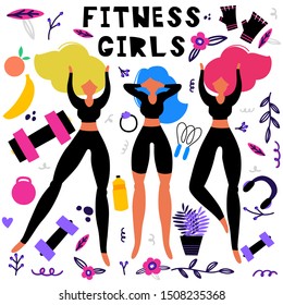 Fitness girls vector set, hand drawn vector illustration. Water, scales, dumbbells, skip. Girl doing exercises, keep fit. 