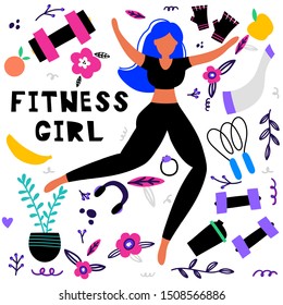 Fitness girls vector set, hand drawn vector illustration. Water, scales, dumbbells, skip. Girl doing exercises, keep fit. 