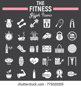 Fitness glyph icon set, sport symbols collection, vector sketches, logo illustrations, healthy diet signs solid pictograms package isolated on black background, eps 10.