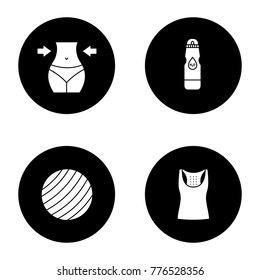 Fitness glyph icons set. Sport equipment. Weight loss, sports water bottle, fitball, tank top. Vector white silhouettes illustrations in black circles