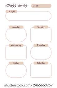 Fitness goals. planner pages templates. Organizer page, diary and daily control book. Life planners, monthly, weekly and days organizers or office schedule list. Graphic organization paper vector.