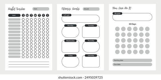 Fitness goals. planner pages templates set. Organizer page, diary and daily control book. Life planners, monthly, weekly and days organizers or office schedule list. Graphic organization paper vector